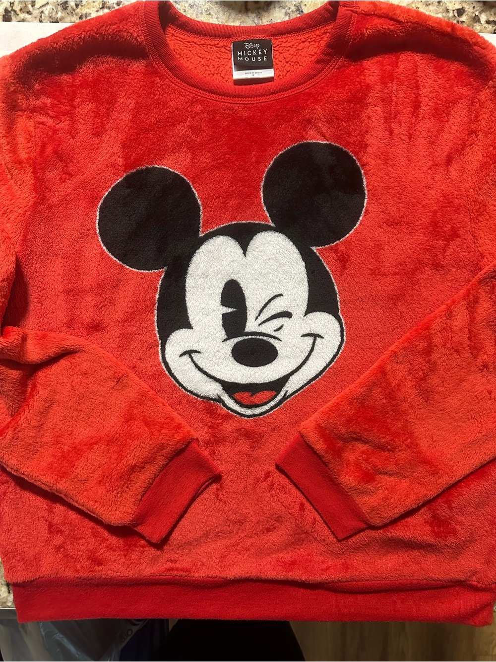 Disney Mickey Mouse Red High Pile Fuzzy Sherpa Fleece Crewneck Sweatshirt Large